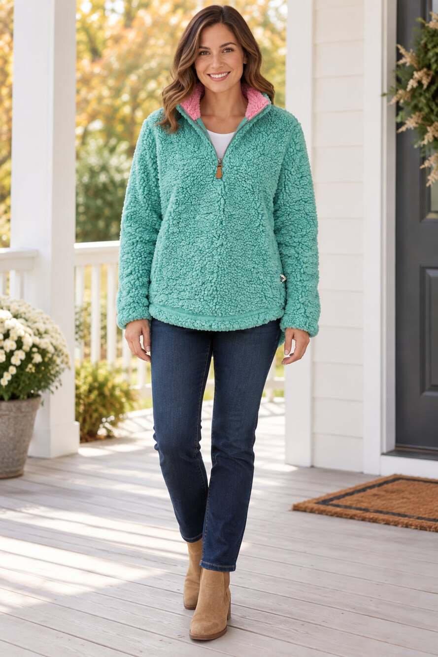 Simply Southern 1/4 Zip Sherpa Pullover Size M Teal Green Pink Fleece